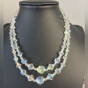 Vintage Double Stranded Aurora Borealis Glass Bead Necklace 16” D12